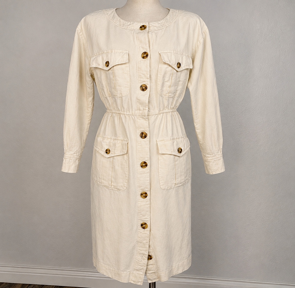 Vintage 90s Cream Linen Blend Dress Pockets Old Money Minimalist Buttion Size 12